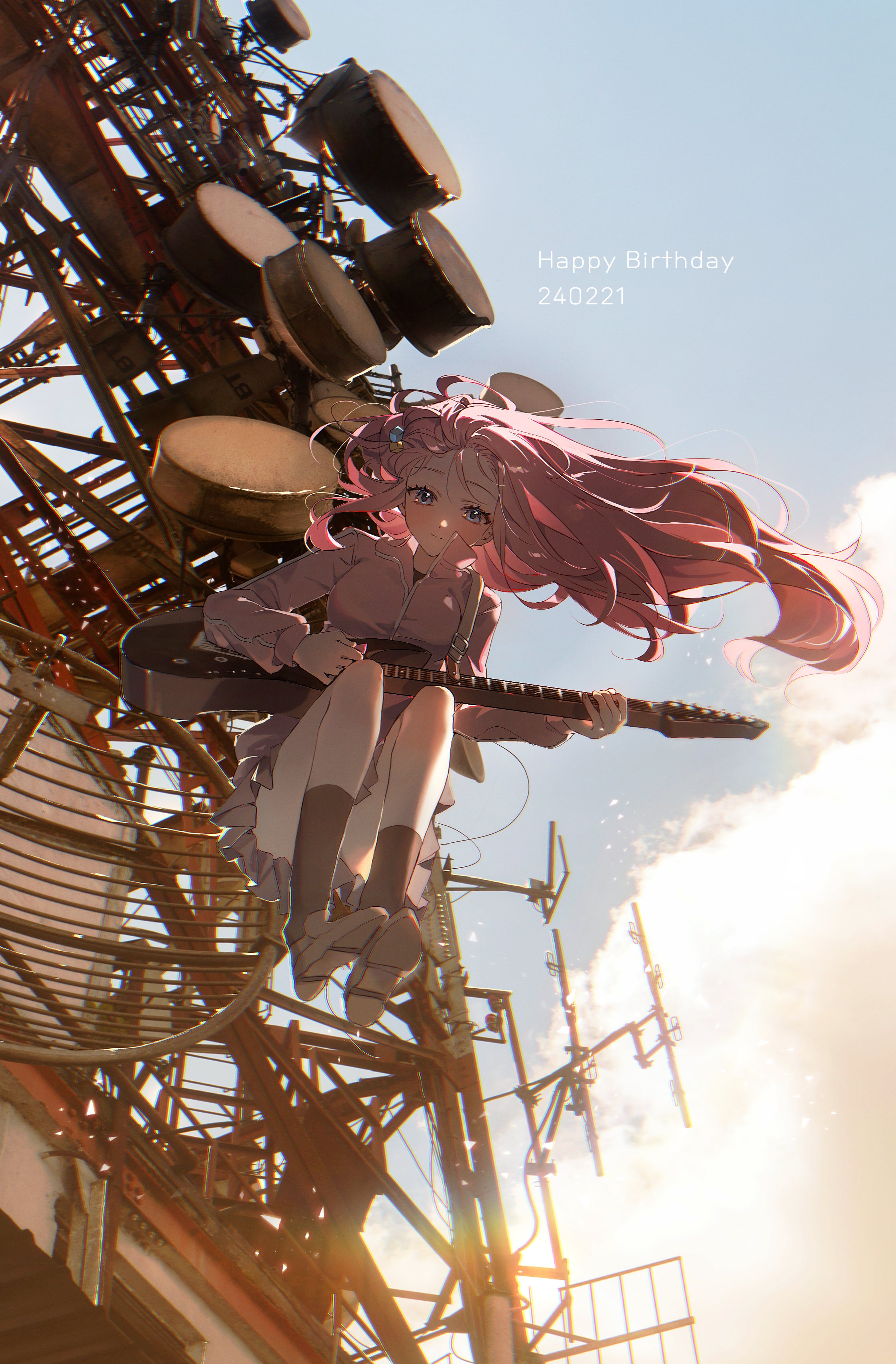 an anime girl with pink hair is sitting on a radio tower playing a guitar. the sun is shining brightly behind her and the sky is blue with some clouds. the date 240221 and the words "happy birthday" are written on the image.