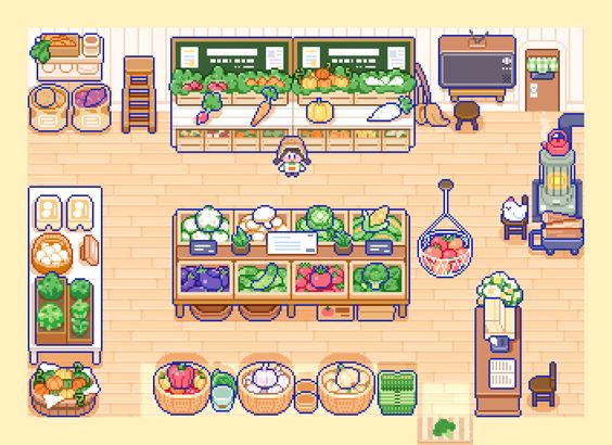 a pixel art image depicting the interior of a vegetable shop. there are various vegetables displayed on shelves and in baskets, including lettuce, carrots, pumpkins, and cabbage.  a person with brown hair and wearing a hat is standing in the middle of the shop. the shop has a warm and inviting atmosphere, with bright lighting and a cozy feel.