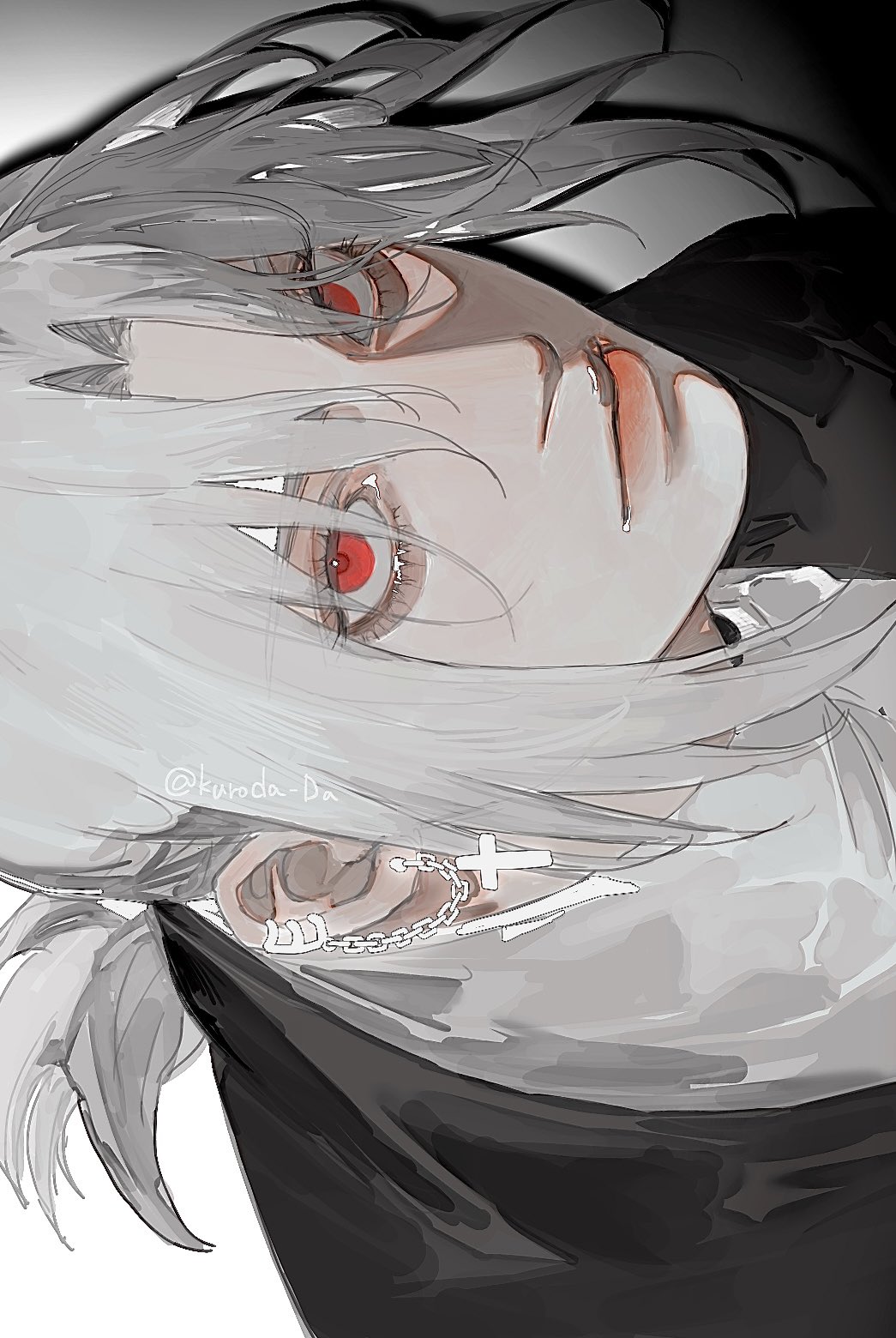 a digital illustration of a young man with white hair and striking red eyes. he is depicted in a closeup, angled perspective, with a soft lighting style that emphasizes his pale skin and the delicate features of his face. he has a cross earring and wears black clothing. the overall aesthetic of the image is stylized and evocative of anime or manga art.
