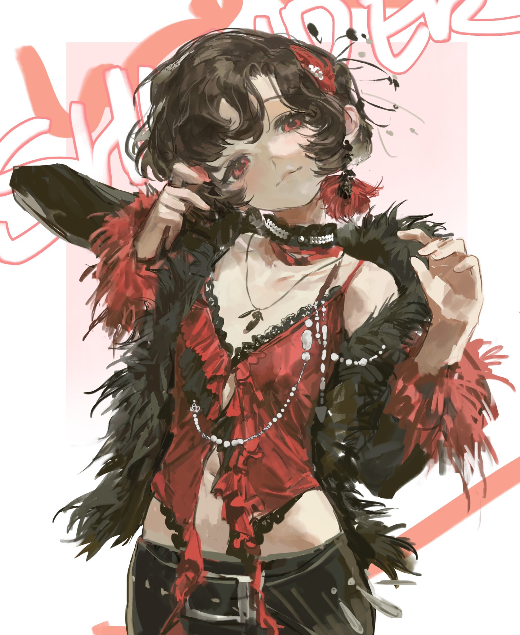 this is a digital illustration of an anime girl with long, black hair. she is wearing a red corset, black leather pants, a black jacket with feathers and some jewelry. she is looking at the viewer with a confident and seductive look. the background is white with pink accents. the image is a digital painting and artwork. the artist created the image using digital tools and software. the artist drew the girl in an anime style, which is characterized by large eyes, colorful hair, and exaggerated features. the artist used a variety of colors and textures to create the image.