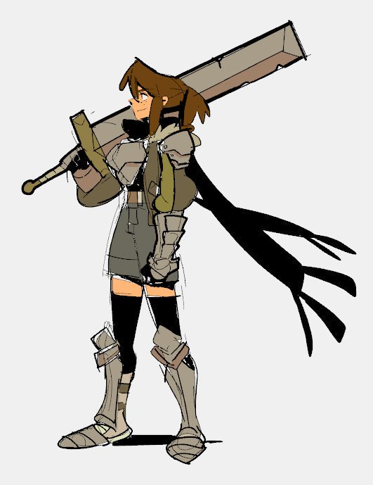 a digital illustration of an anime woman warrior in armor holding a sword. she is standing with her back to the viewer, looking away.  her cape trails behind her.  the image is done in a slightly rough, sketched style.