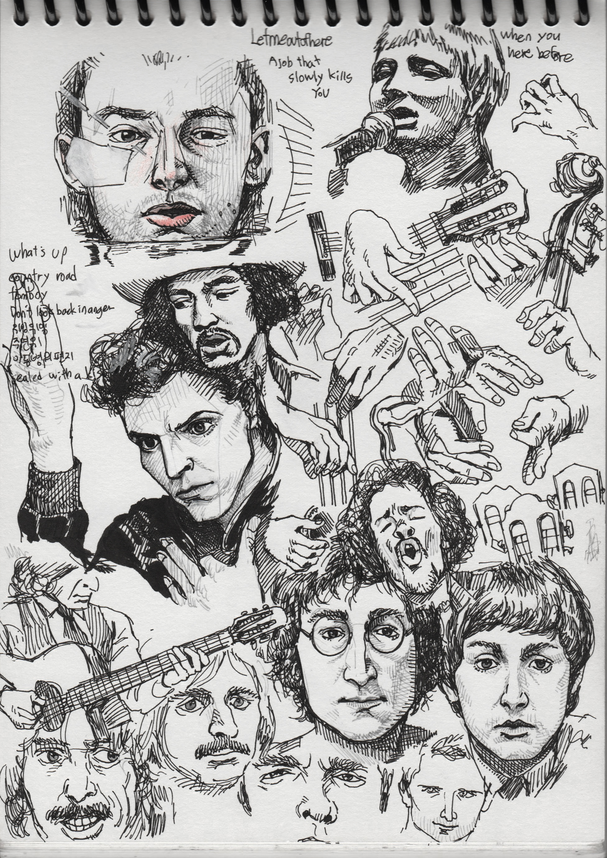 this is a closeup shot of a notebook page full of sketches and drawings. the artist is drawing musicians and musical instruments. there are several faces drawn and some instruments, such as a guitar and a cello. some notes are also included. the paper is white with black ink, creating an almost minimalist aesthetic. the page is filled with many different sketches, making it a little chaotic in terms of composition. it is a very creative drawing style.