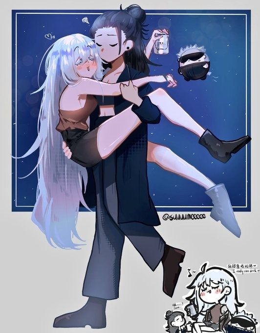 the image is a digital drawing/fanart depicting two animestyle girls in a romantic embrace. one girl with long white hair is being playfully carried by another with long black hair.  the setting appears to be a nighttime sky filled with stars. a small, chibistyle character resembling a milk bottle and another similar character are floating nearby. the style is cute and expressive, with emphasis on the girls' happiness and affection for each other. a smaller, chibistyle drawing in the lower right corner shows the whitehaired girl seemingly enjoying a drink, possibly suggesting a playful continuation of the scene. the overall art style combines elements of manga and anime with a modern digital illustration approach.