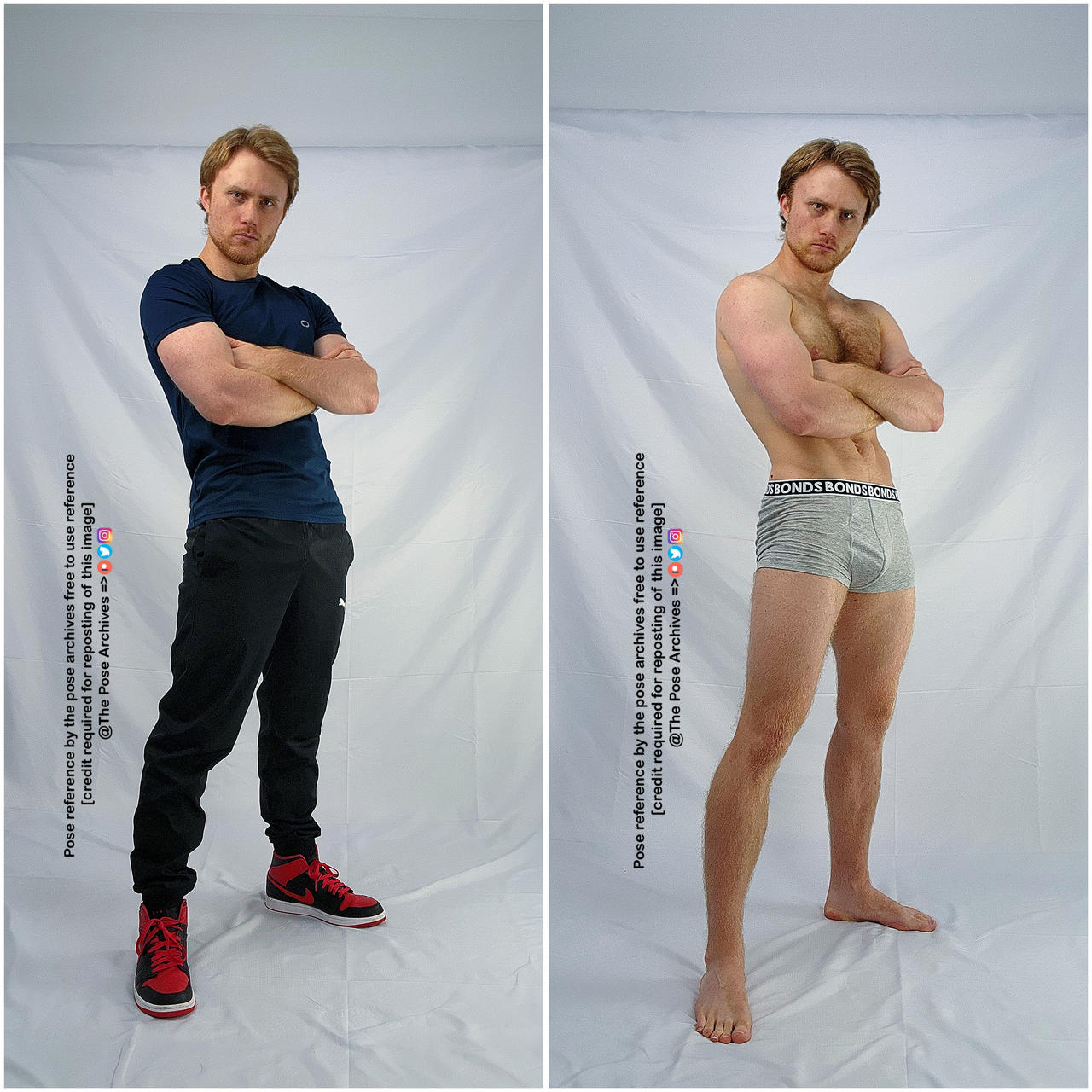 the image shows a man standing with his arms crossed, looking directly at the camera.  he is shown twice, sidebyside.  on the left, he is fully clothed in a casual outfit: black tshirt, dark gray sweatpants, and red and black sneakers.  on the right, he is wearing only gray boxer briefs, revealing his physique.  the background is consistently white in both images, suggesting a studio setting.  the lighting is soft and even, casting minimal shadows.  the perspective is at eye level with the subject.  overall, the image conveys a sense of confidence and athleticism.