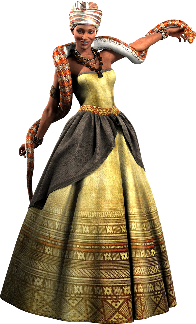 a woman with brown skin, wearing a striped white and orange headdress, stands against a black background. a large snake, patterned in white and orange, is draped around her neck and shoulders. she is adorned with multiple beaded necklaces and bracelets. she wears a strapless yellow dress with a decorative gold waistband. over the dress, a grey textured fabric is draped from the waist. the bottom of the dress features an elaborate pattern of geometric shapes in brown, white, and red. her arms are outstretched, with the snake extending along both arms.