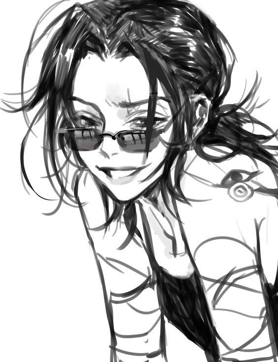 a black and white sketch of a young woman with long dark hair and sunglasses. she is drawn in a loose, expressive style with visible brush strokes.  her pose is confident, with a smirk on her face and her hands near her neck. the overall style is reminiscent of anime or manga art.