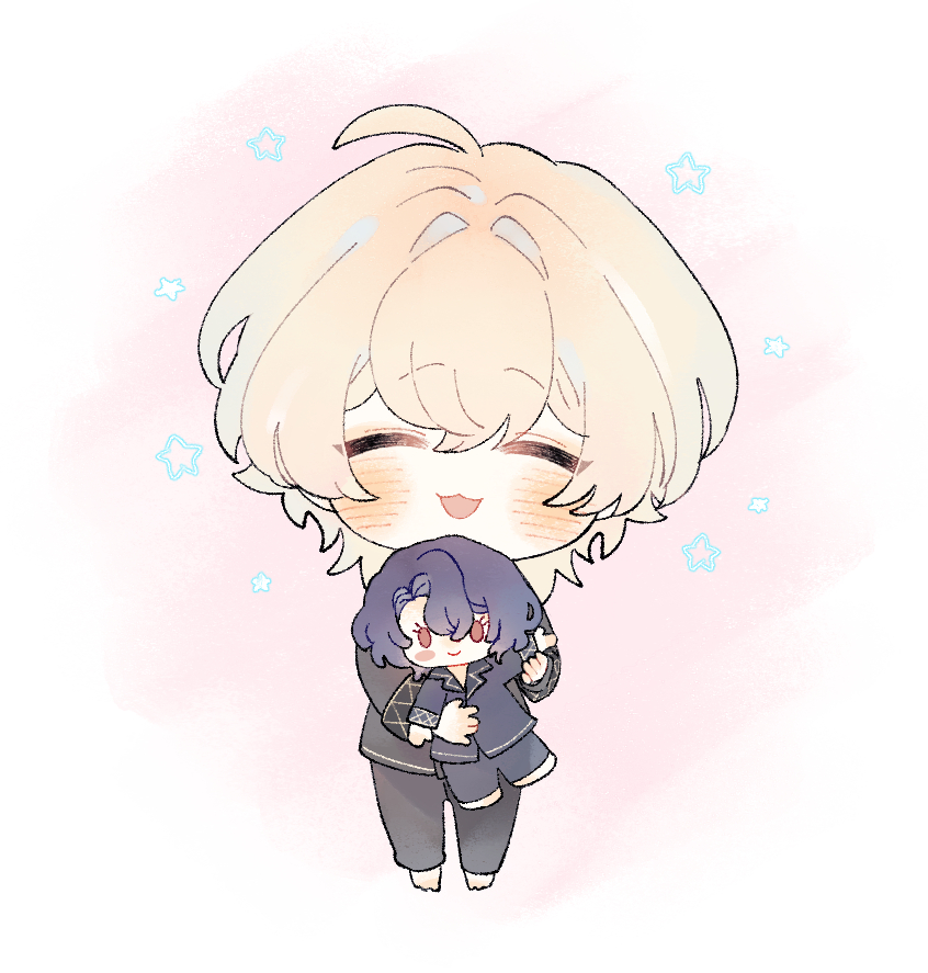 the image is a digital drawing of two chibistyle anime characters. the larger character has long blonde hair, is smiling, and has rosy cheeks.  they are gently holding and hugging a smaller chibi character with dark purple hair. both characters are styled in cute clothing. the background is a soft, pastel pink with small light blue stars scattered around. the overall style is very cute and soft, reminiscent of fanart or character designs from anime or manga.