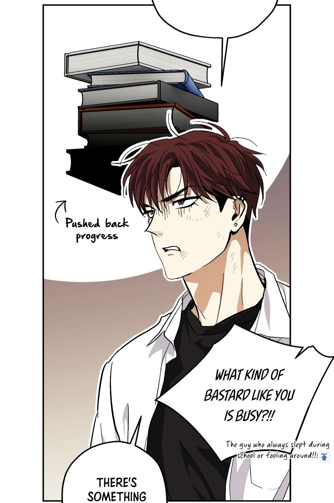 he image shows a closeup illustration of an animestyle male character, possibly a teenager or young adult. he has dark reddishbrown hair, and a slightly angry expression.  he's wearing a dark shirt under a white, open collared shirt. a stack of books is shown behind him, with text indicating his progress has been "pushed back."  speech bubbles show his internal frustration and someone else calling him a "bastard" for being busy. the overall style is reminiscent of manhwa or webtoon art.