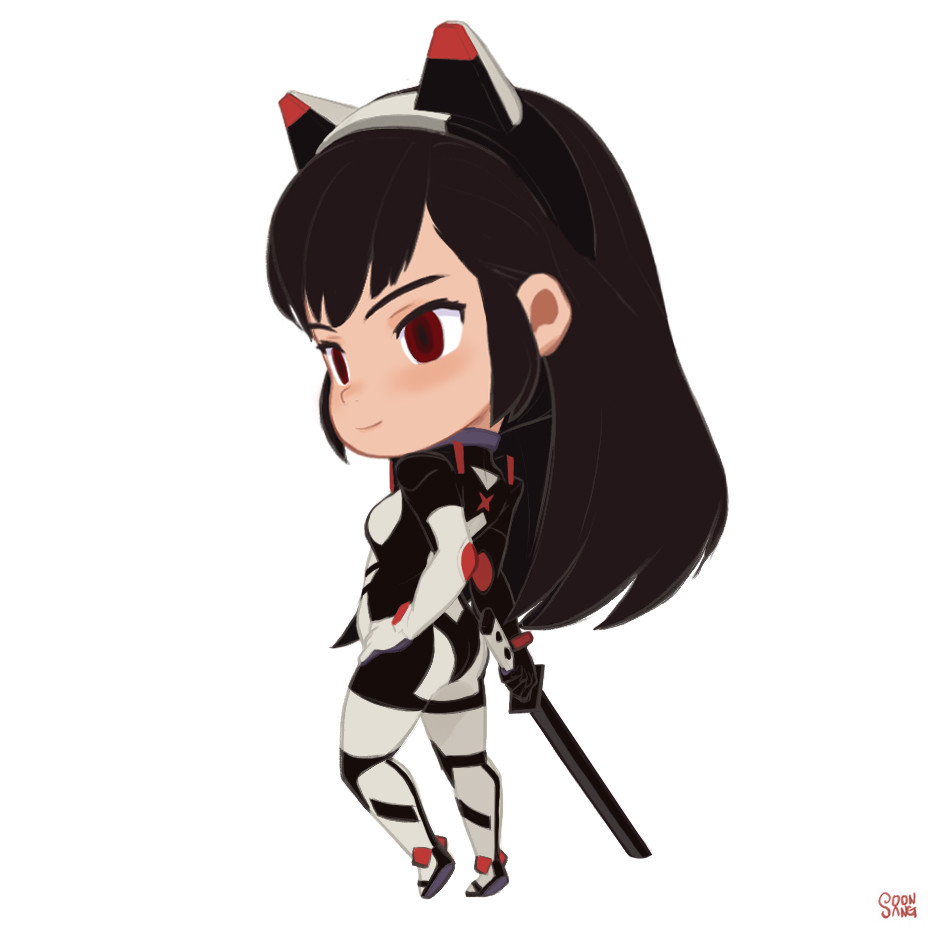 the illustration features a chibistyle anime girl with long black hair and red eyes. she wears a black and white cyberpunkinspired outfit with red accents and catearshaped headphones. a katana is strapped to her back, partially hidden by her hair. she's glancing over her shoulder with a slight smile, conveying a sense of confidence and playfulness.