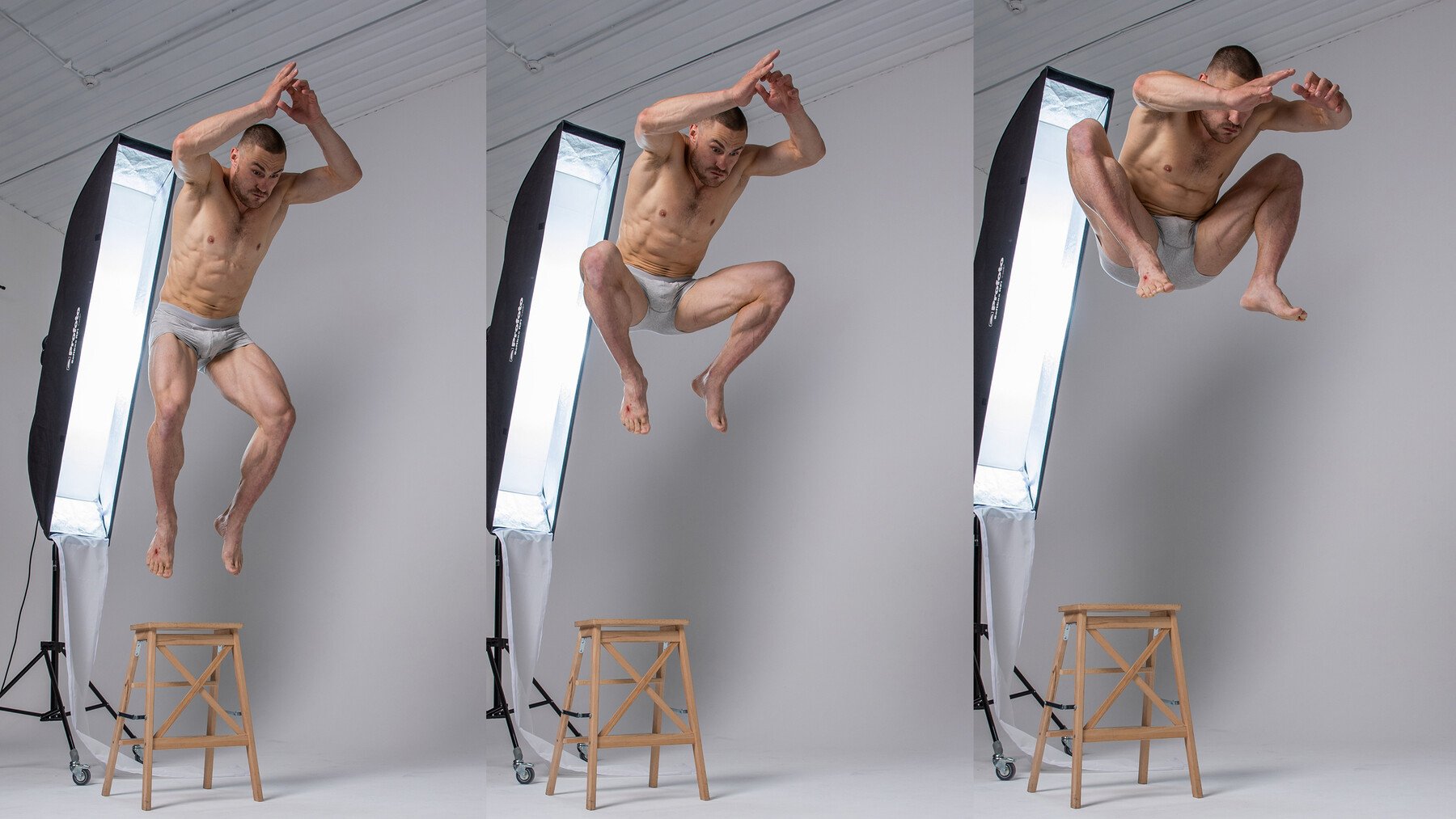 the image captures three different perspectives of a muscular man midjump, showcasing his athleticism and powerful pose. he's dressed in underwear, highlighting his toned physique, and is set against a white backdrop with professional lighting equipment. the lighting setup is a softbox, casting a soft and diffused light on the man, enhancing the image's professional look. overall, the image suggests a professional photo shoot focusing on capturing the athlete's strength and dynamism.