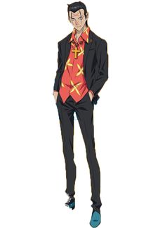 this is an illustration of an anime character. he has short black hair and dark eyes and is wearing a red hawaiian style shirt, a black suit jacket and pants, and blue loafers. he is also wearing a gold cross necklace.