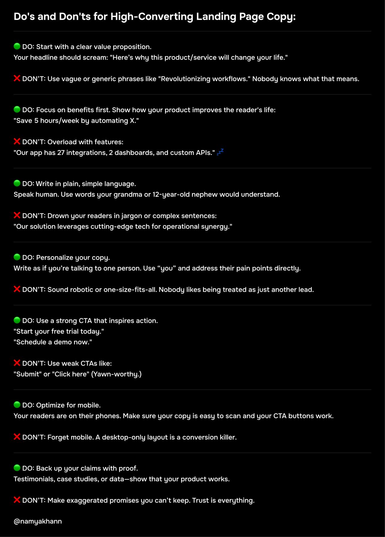 he image contains a list of "do's" and "don'ts" for writing highconverting landing page copy.  it provides specific examples of effective and ineffective phrasing, emphasizing clarity, benefits, personalization, strong calls to action, mobile optimization, and the importance of backing up claims with proof.  the overall message is to prioritize user experience and trust when creating marketing copy.