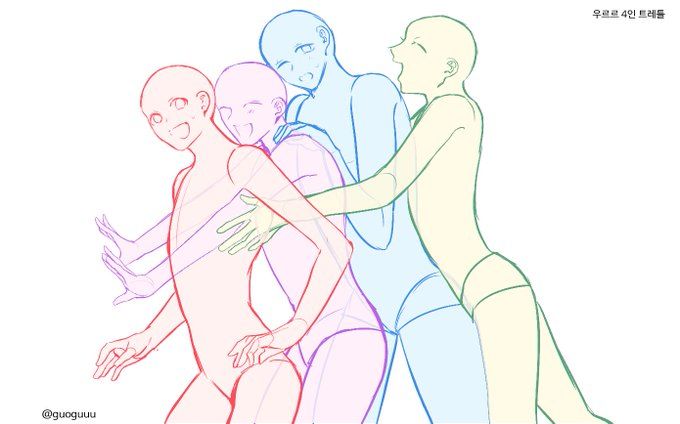this image shows a line art sketch of three anime characters with different poses. there are three distinct poses in the image.  all three characters are in a variety of poses. the character in the middle is shown with their back towards the viewer. the character in the background is shown with their face in a pose of surprise. the character in the front is shown with their arms outstretched. the image appears to be a reference for drawing anime characters.