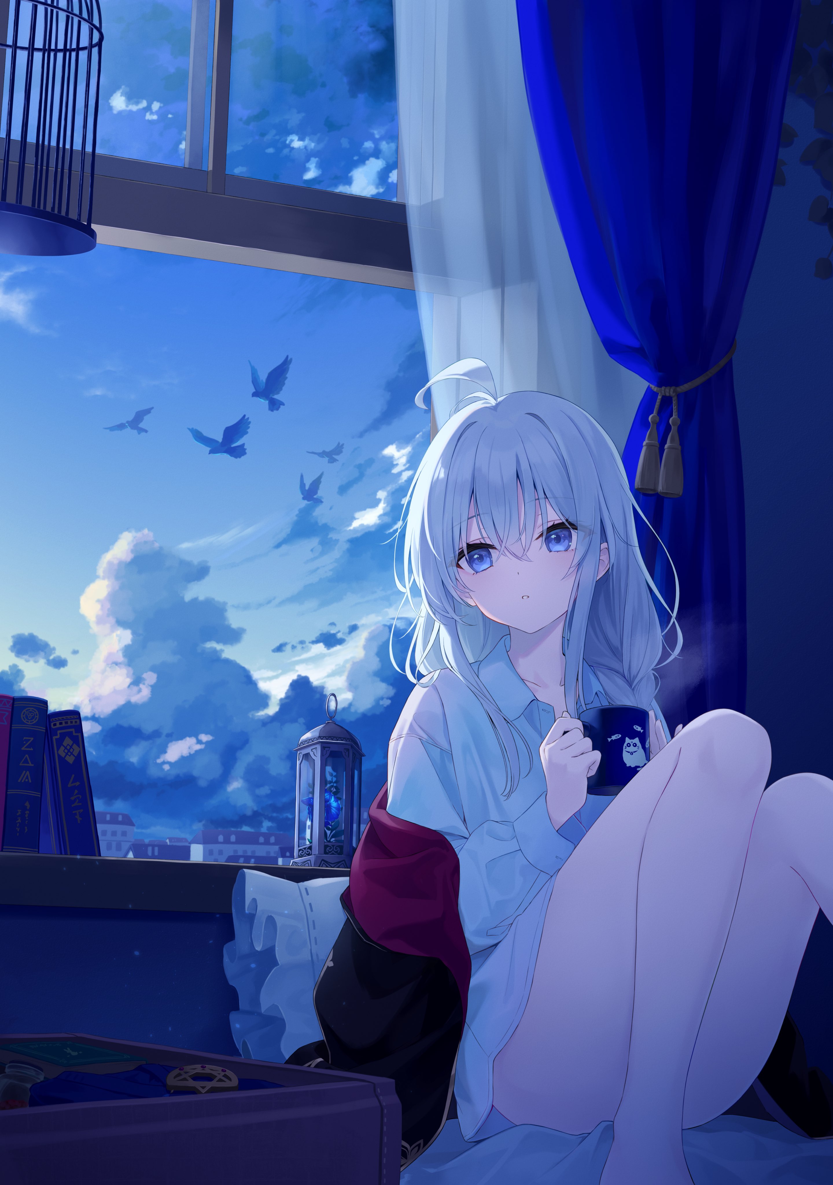 he illustration depicts an anime girl with long, flowing white hair and bright blue eyes. she is sitting by a window at night, wearing a light blue buttonup shirt and dark jacket. she holds a blue mug and gazes serenely out of the window at a city skyline, with several birds flying in the sky. the scene has a peaceful and dreamy atmosphere, filled with soft colors and a calm mood.  books rest nearby, adding to the cozy atmosphere. a lantern sits on the windowsill adding to the soft lighting of the scene.