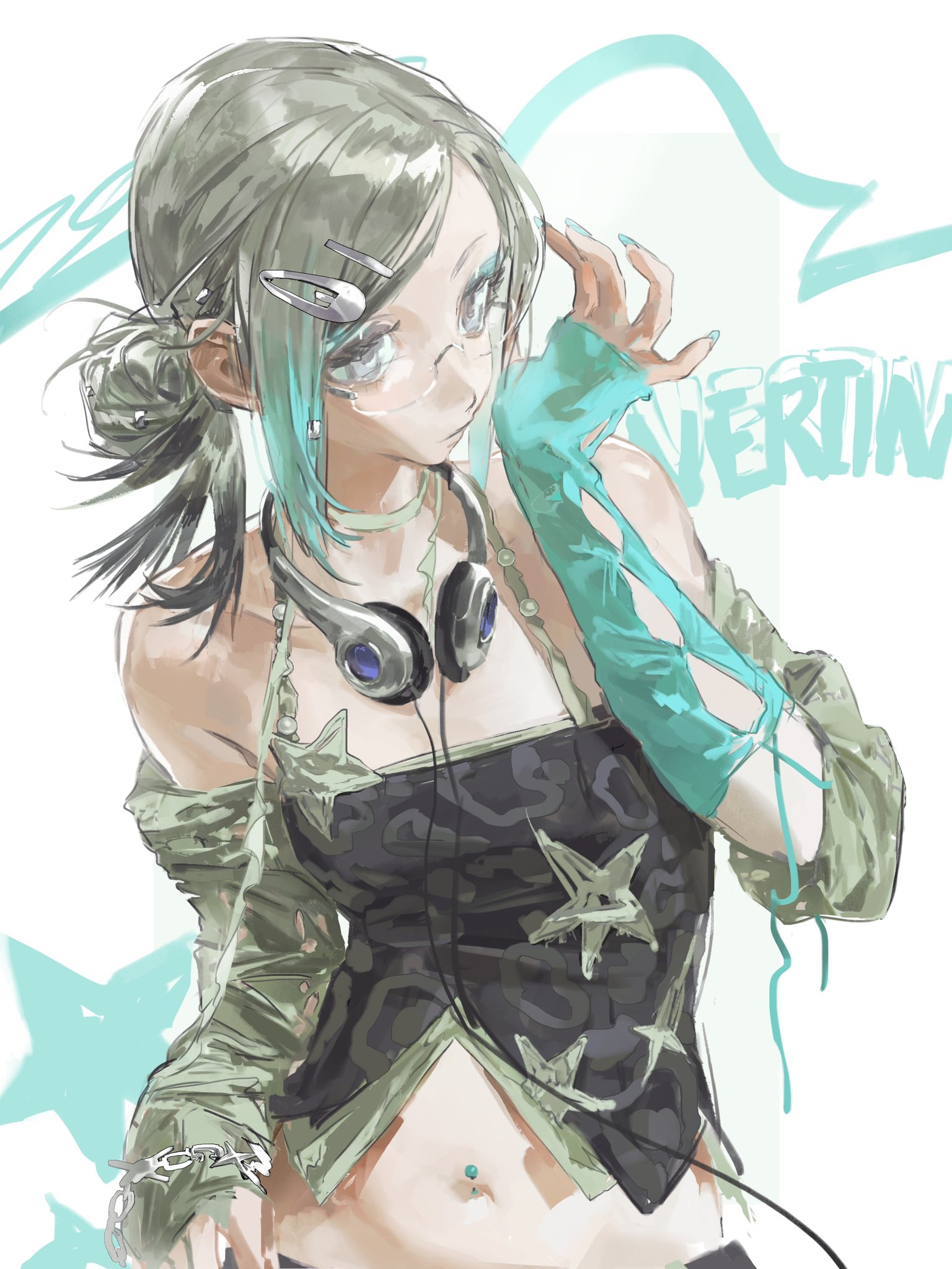 an anime girl with green hair and blue highlights is wearing a black and green top with stars on it, a teal glove, and headphones. she is smiling, and her blue eyes are sparkling. she is standing against a background of teal and white, with her hair flowing around her shoulders. she is holding a pair of glasses in her hand. the art style is very colorful and stylized, and the overall mood of the illustration is happy and cheerful.