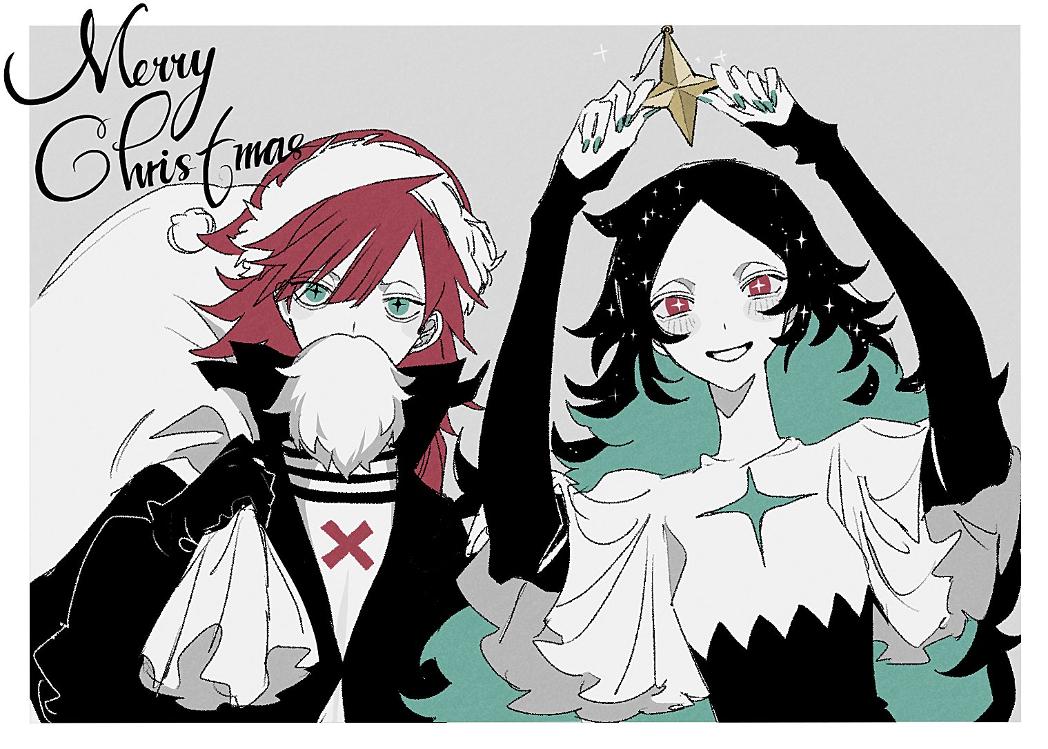 he image is a christmasthemed animestyle illustration featuring two characters. one character is dressed as santa claus, with a red santa hat, red hair, and a fake white beard, holding a bag of gifts.  the other character is dressed in a black and white outfit with teal hair accents, holding a gold star ornament. both characters are stylized with sharp lines and expressive features, with a color palette of mostly black, white, red, and teal. the background is a simple light gray. the words "merry christmas" are written in stylized cursive lettering in the upper left corner.  the overall style suggests a unique blend of dark and light aesthetics typical of some anime and manga artwork.
