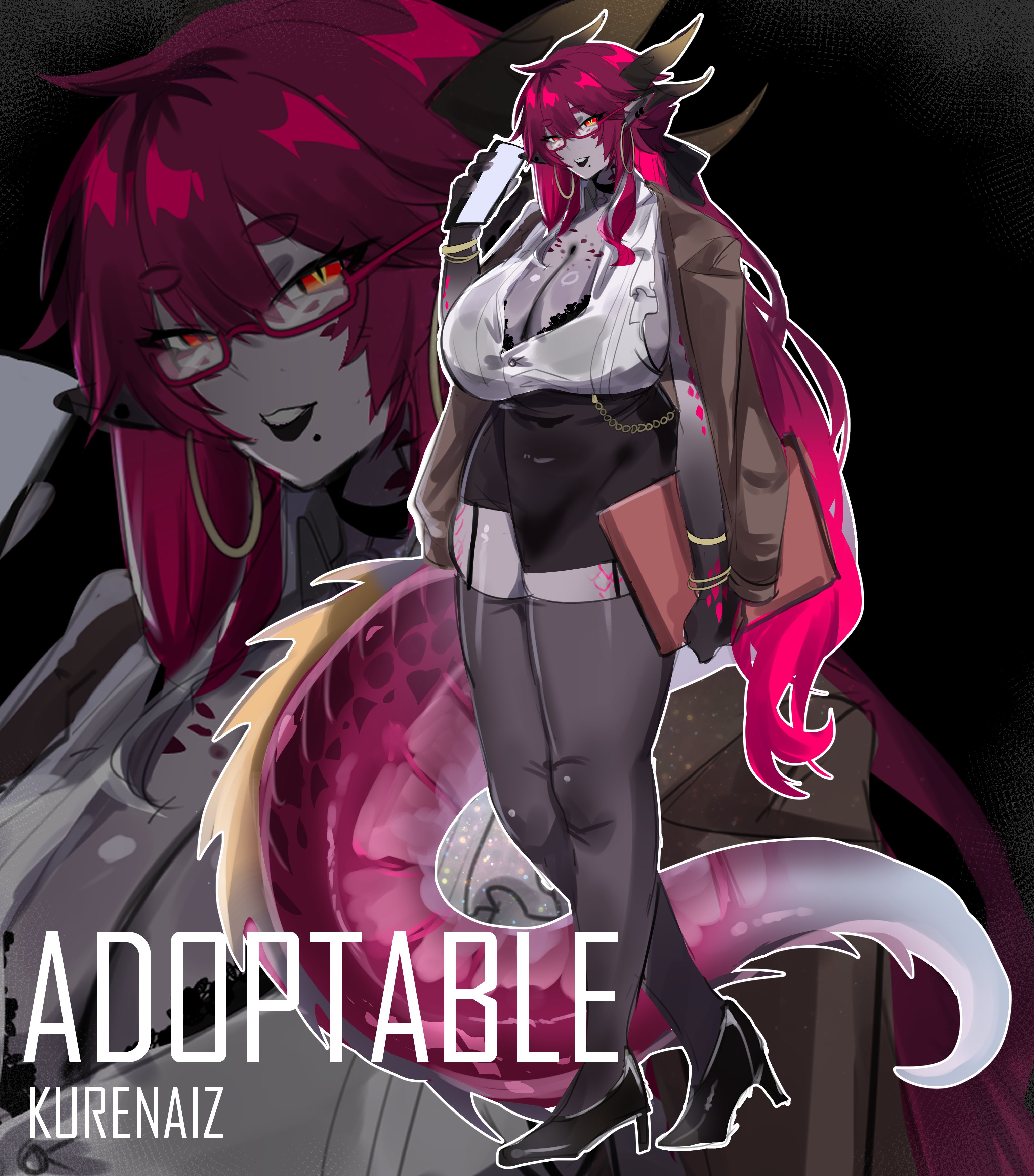 an illustration of a cute and sexy anime dragon girl with red hair and horns and pink and black clothing. she is standing with her tail wrapped around her legs. the image is labeled "adoptable" and has the artist's name "kurenaiz" at the bottom. the image is styled in a fantasy and cute aesthetic and is likely meant to be used for character design or roleplaying purposes.