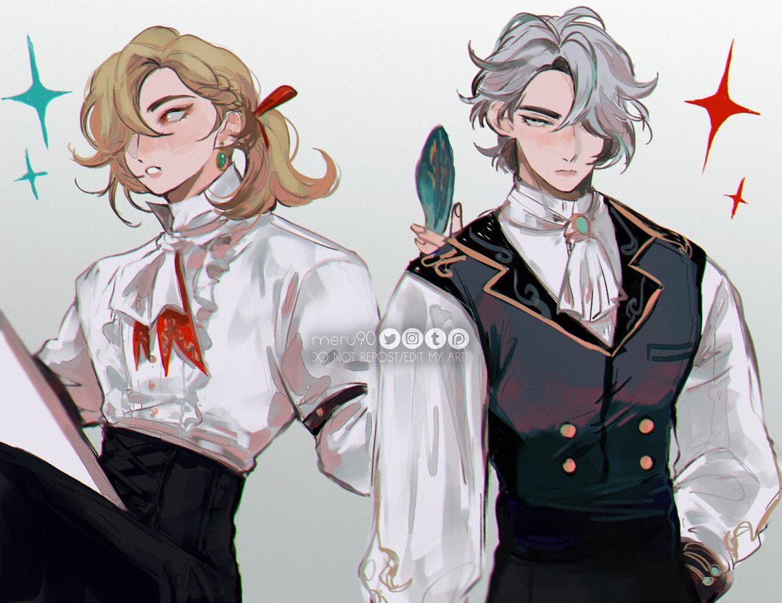 he image is a digital fanart depicting two male characters dressed in elegant, victorianinspired attire.  one character has long blonde hair styled in a ponytail, wearing a ruffled white shirt and dark trousers.  the other has long silver hair and is wearing a dark vest over a white shirt, accented with gold detailing and a teal brooch.  the style is reminiscent of anime and manga, with soft, painterly brush strokes giving it a slightly dreamy aesthetic.  both characters are posed expressively, and the artwork includes decorative sparkle effects.  the artist's watermark is subtly present.