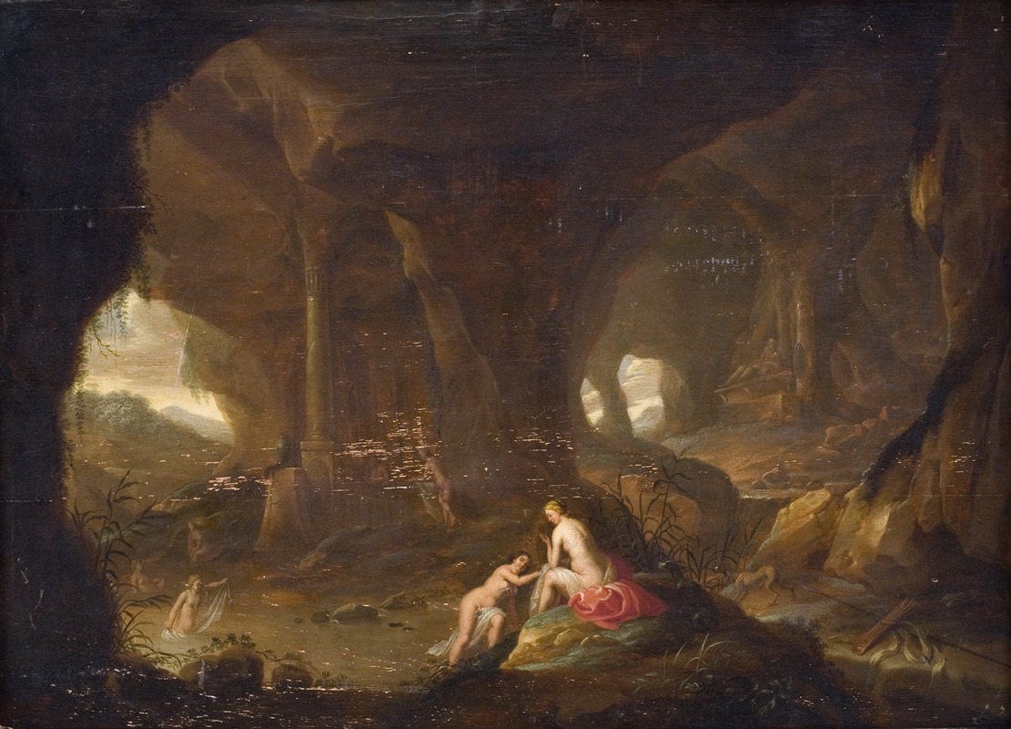 the painting depicts a cavernous landscape with nude figures. two nude women are the focal point, one seated and leaning back while the other is beside her. another figure is bathing in the water. the cave contains ruins and columns with multiple openings that show the outside world. the image is rendered in a classical style.