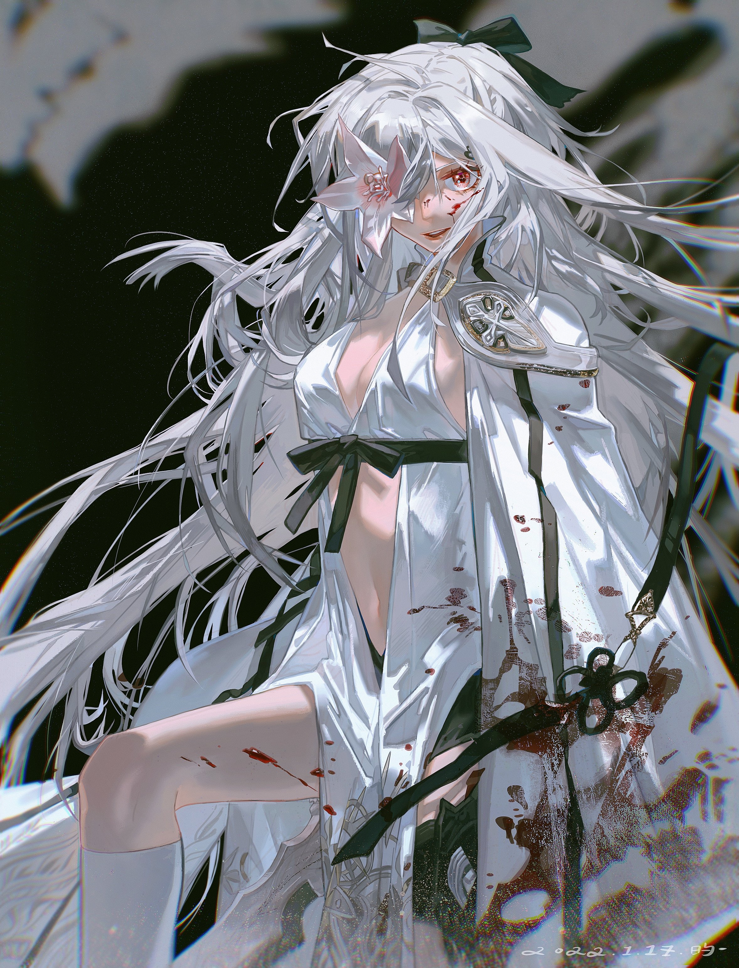 a digital art illustration of an anime girl with long white hair, wearing a white dress stained with blood. she has a flower covering her left eye and is holding a sword. the background is blurry and dark. the art style is detailed and realistic.