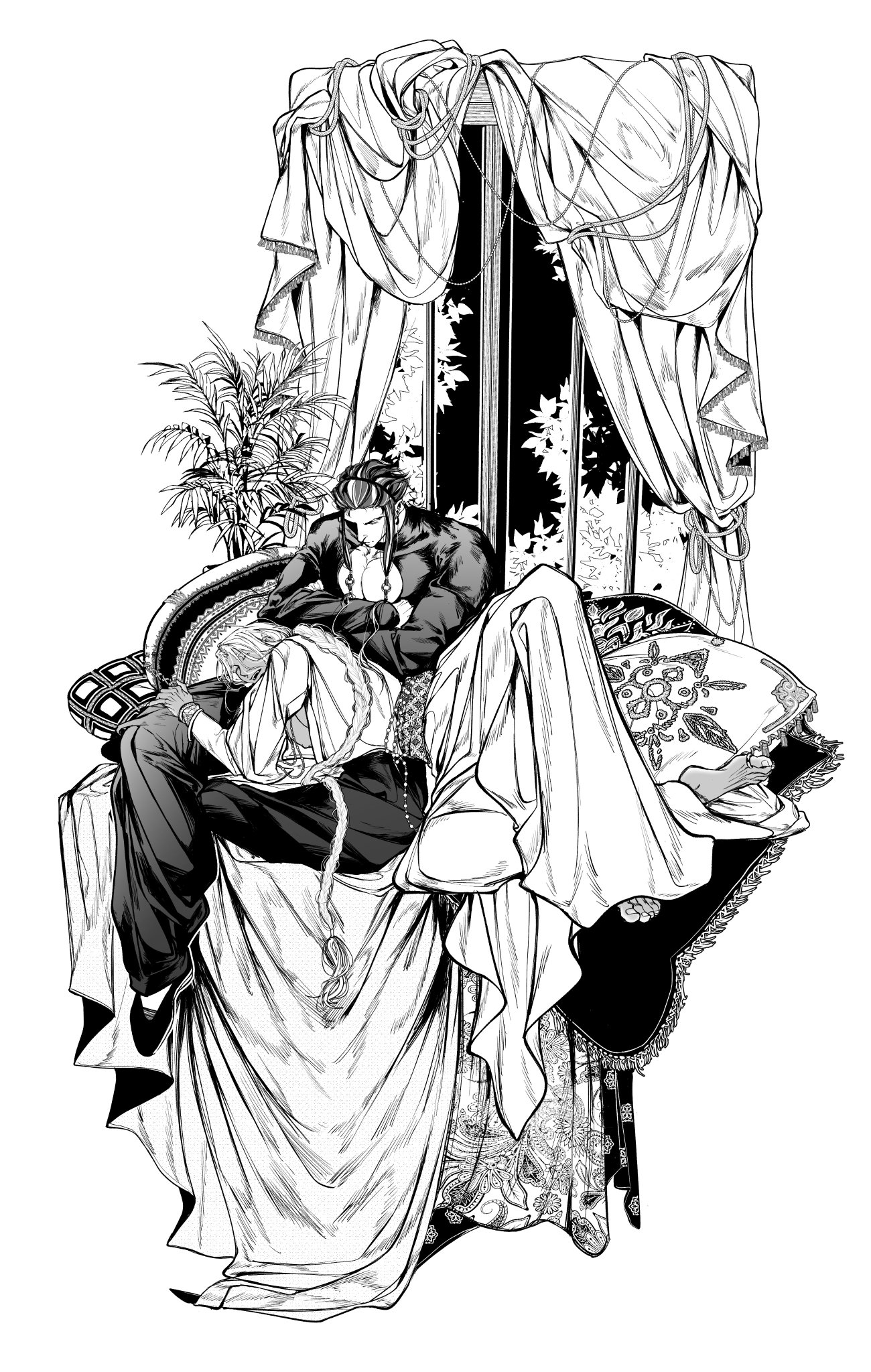 a black and white illustration of a man and woman in a bedroom. the man is wearing