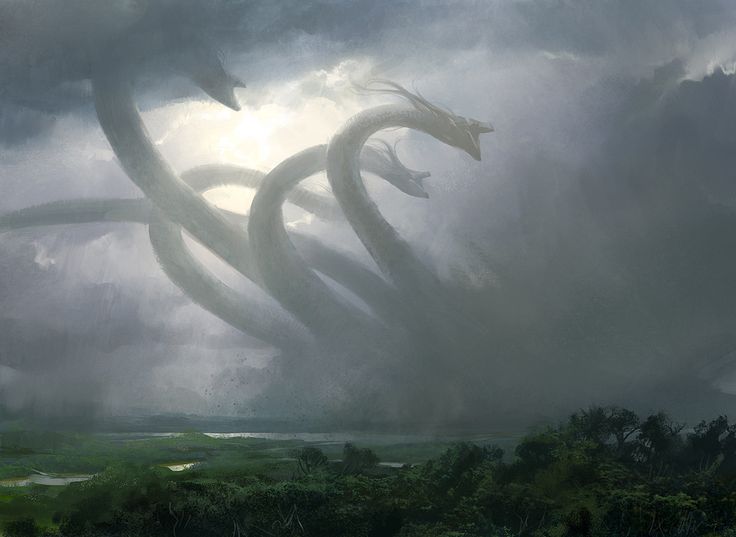 an epic scene depicting a massive hydra emerging from a swampy landscape beneath a stormy, overcast sky. the hydra has multiple serpentine necks and heads, and is shrouded in mist. a forest is in the foreground, and a swampy plain extends towards the monstrous hydra.