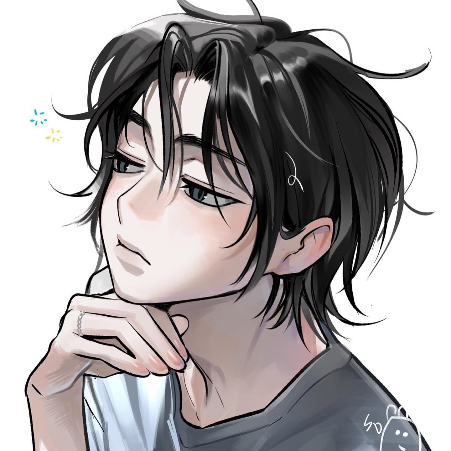 the image is a digital drawing or painting of an animestyle young man. he has dark, slightly messy shoulderlength hair, and his face is partially turned away from the viewer, creating a threequarter profile.  he has a thoughtful or pensive expression with his hand gently resting on his chin. he appears to be wearing a simple, gray tshirt and a thin ring on one finger. the art style is realistic in terms of shading and features, but retains a soft anime aesthetic. the background is plain white, drawing focus to the character.  a small, almost imperceptible doodlelike element appears in the lower right corner. the overall mood is calm and somewhat melancholic.