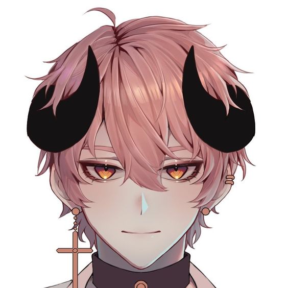 the image shows a head and shoulder portrait of an anime boy with short pink hair, golden eyes, and fair skin. he has black horns and is wearing a black choker with a gold detail. he has two earrings in his right ear and a dangling cross earring in his left.  the background is white.