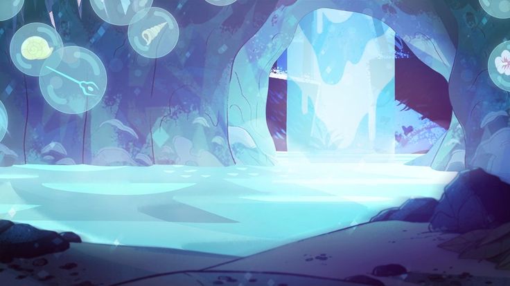the image is a digital drawing or painting that appears to be a background scene from the cartoon show steven universe.  it depicts a serene underwater cave scene.  the cave walls are a soft purpleblue, and the water is a lighter shade of blue, giving a glowing, ethereal effect. several translucent bubbles float near the cave walls, each containing a different item such as a shell, a comb, or a flower. the overall aesthetic is mystical and peaceful, suggesting a magical or hidden location. the foreground shows a sandy beach area, while the background features a deeper part of the underwater cave opening into a brighter area. the lighting and color palette create a tranquil and enchanting atmosphere.