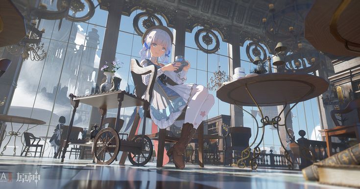the image is a digital artwork depicting a young anime girl with long white hair and blue eyes sitting in a chair in a grand, ornate cafe. she's dressed in a blue and white dress and boots and is holding a teacup. the cafe has a steampunk aesthetic with large windows offering a view of a fantastical cityscape and clouds. the setting is richly detailed with elaborate furniture, chandeliers, and architectural features. the perspective is from a low angle, looking up towards the girl, emphasizing her size in relation to the grandeur of the space. the overall mood is elegant, atmospheric, and slightly fantastical.  there are other figures subtly visible in the background, seeming to be other patrons or staff. the artist’s signature or watermark is visible in the lower left corner.