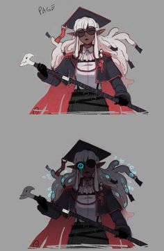 the image showcases two variations of the same character concept: a dark elf woman in graduation attire. she holds a staff topped with a skull. the top image is more colorful, while the bottom is rendered in grayscale with glowing blue accents highlighting the staff and her eye.
