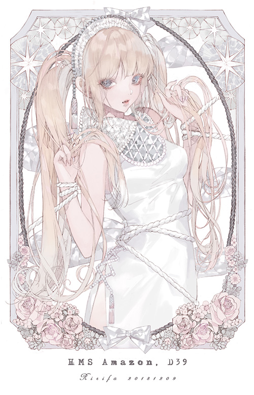 the image features a beautiful anime girl with long blonde hair, wearing a white dress with intricate details. she is surrounded by delicate white flowers, and the image is framed by an ornate border. the girl's eyes are a light blue, and her expression is serene and lovely. the overall aesthetic of the image is whimsical and dreamlike.