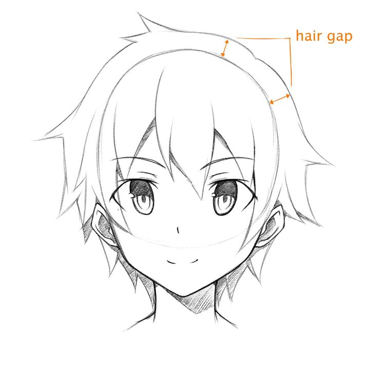 the image is a pencil sketch of an animestyle boy's head and shoulders. the sketch is detailed, showing the character's face, hair, and ears.  the hair is short and slightly spiky. a significant feature is the highlighted "hair gap" above the forehead, where the hair doesn't fully cover the hairline. the style is clean and welldefined, possibly part of a drawing tutorial showing a specific technique in anime hair drawing. the character has a calm, neutral facial expression.