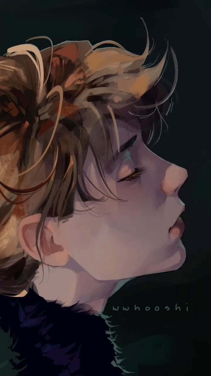 the image is a digital painting or illustration in a style reminiscent of anime or manga. it depicts a young woman, possibly a girl, from the side profile. her eyes are closed, and she has a calm or pensive expression. her hair is blond or light brown and is styled in a messy bun. she appears to be wearing a dark jacket or coat with a fur collar. the background is dark and moody, adding to the overall atmospheric feel of the piece. the artist's signature, "wwhooshi," is subtly placed near the bottom. the overall style is stylized and painterly, with soft blending and a focus on mood and atmosphere rather than sharp detail.