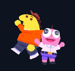 two cartoon characters are joyfully dancing against a dark backdrop. one character, colored yellow, sports an orange hoodie, blue pants, and a brown hat. the other, pinkhued character, is dressed in a white shirt and purple shorts, their most striking feature being oversized white eyes with black pupils and pink irises.