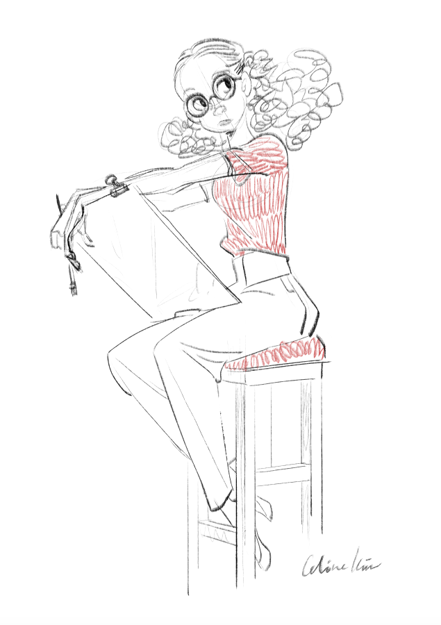 a sketch of a woman sitting on a stool, leaning on a drawing board. she is wearing glasses, a red shirt, and pants. she has curly hair. she is holding a pencil and appears to be an artist. there is a signature at the bottom right.