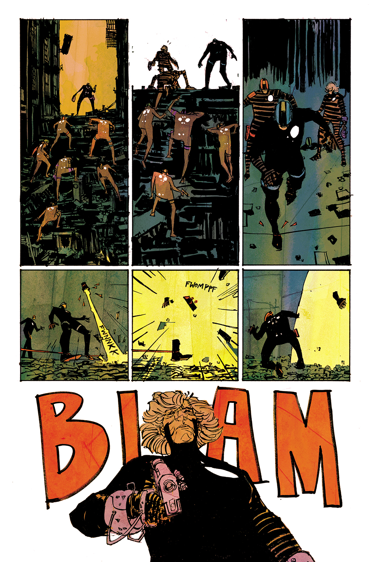 this is a comic book panel illustration. the image features a group of figures in black and white costumes, in a dystopian city, fighting in a crowded alleyway. the scene is full of chaos and violence, with a large explosion in the center panel. the character in the bottom panel is a villain firing a gun as the word "blam"  is in the foreground. the scene is very dynamic and actionpacked.