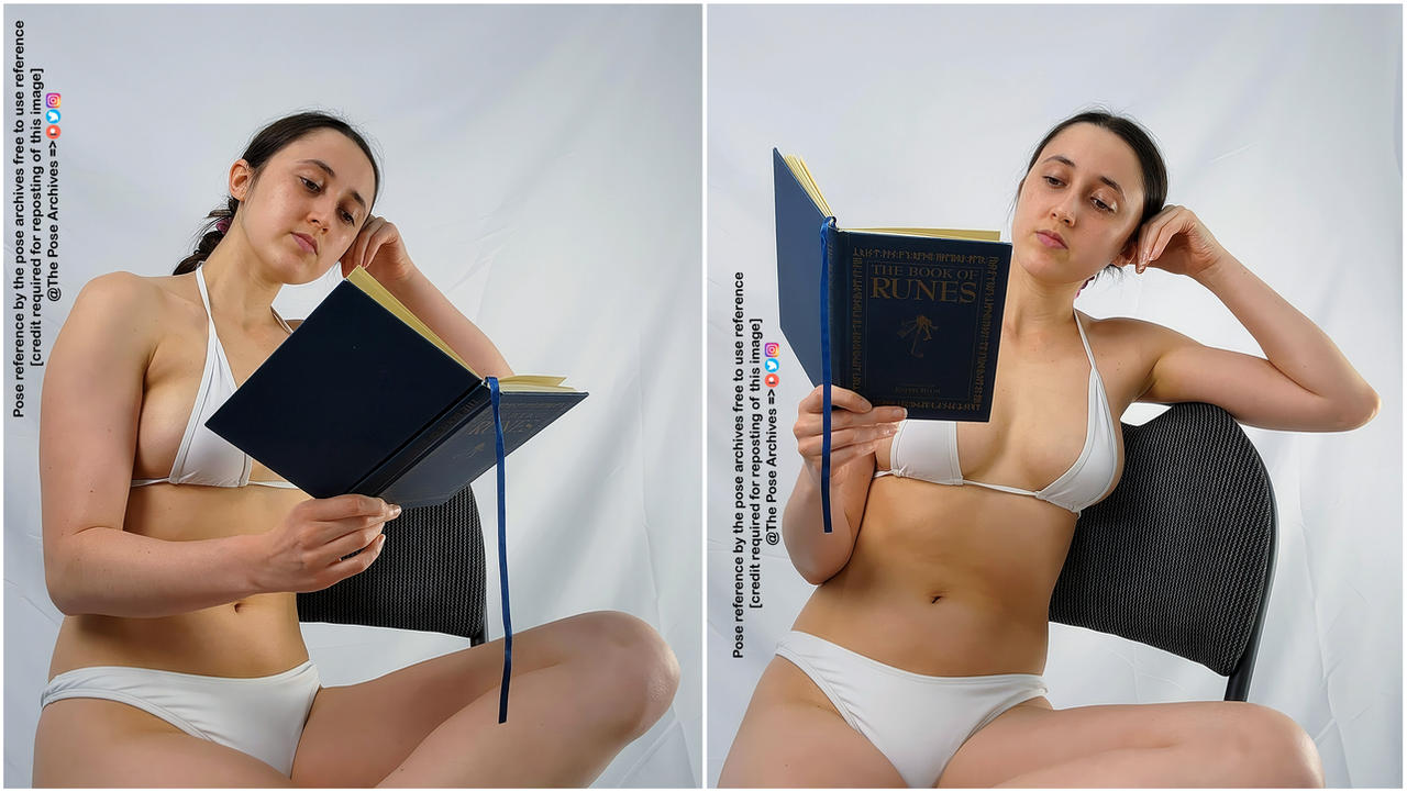 the image features a young woman in a white bikini, seated and engrossed in a book titled "the book of runes".  she is positioned against a plain white background, illuminated by soft light. the image is a diptych, presenting the same pose from slightly different angles to serve as a pose reference for artists.