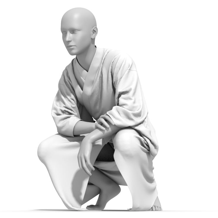 a white mannequin dressed in a simple white outfit, sitting in a relaxed pose on a white background.