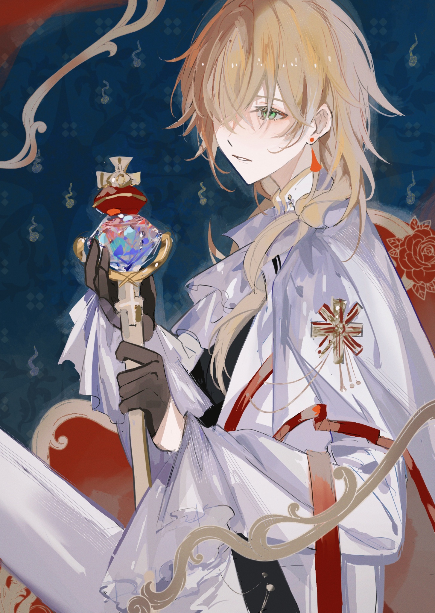 the image is a digital illustration of a young man from an anime or manga, with long blonde hair, dressed in a white and red robe, with an intricate ornamental staff and a diamond jewel. he is sitting on a thronelike chair with an ornate, floral and scrolllike background.