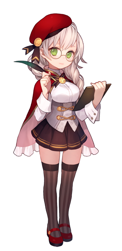 a digital illustration of a young girl with white hair and green eyes, dressed in a stylized school uniform with lolita and academic influences. she wears a red beret, a white blouse, a brown vest with gold accents, and a short red cape. her outfit is completed with striped thigh highs and red mary jane shoes. she holds a quill pen and a book, suggesting a studious or literary character.