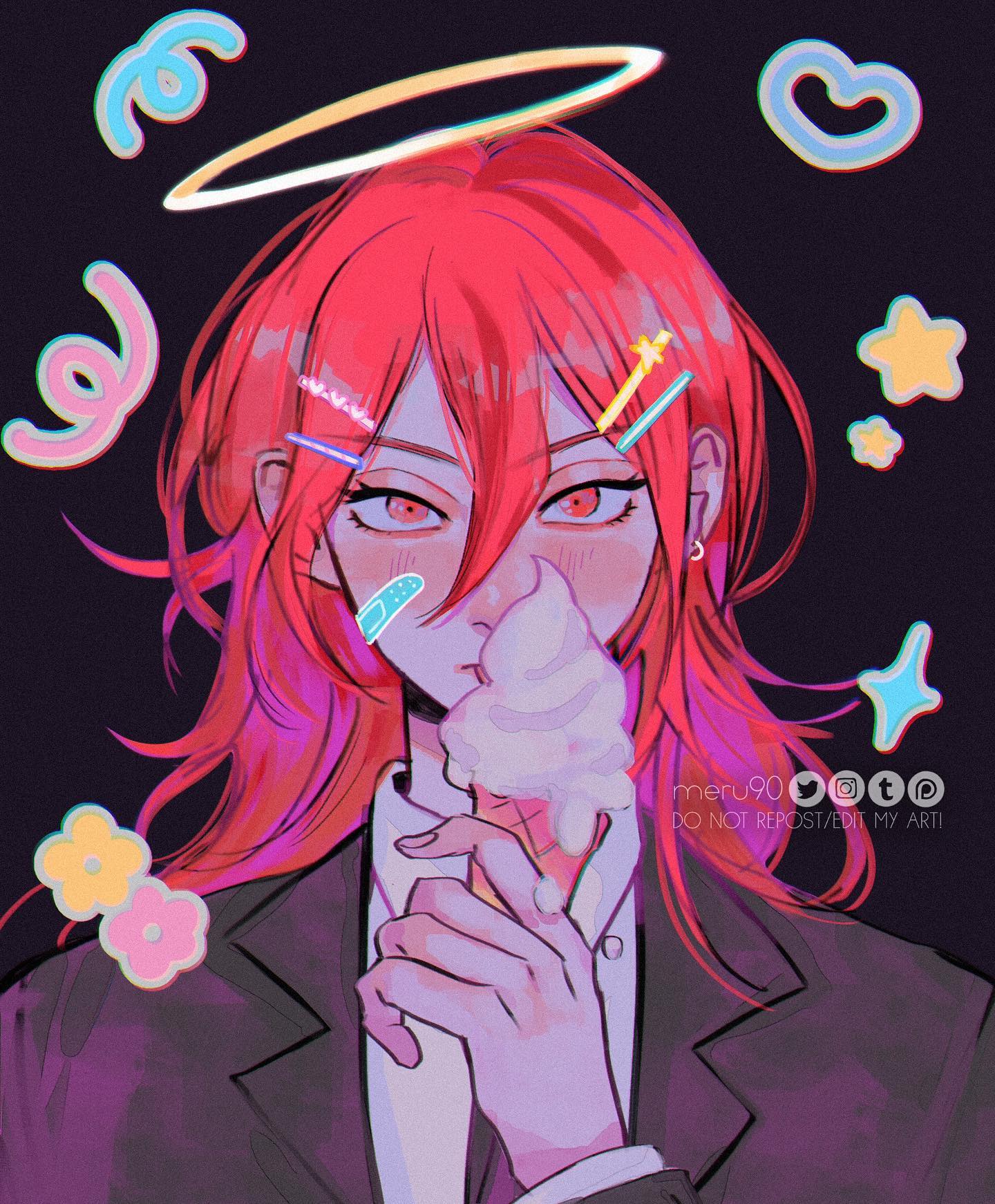 the image is a digital fanart depicting a stylized animestyle character.  the character has long, vibrant red hair, which is styled with bangs framing their face. they are wearing a dark suit and are holding a softserve ice cream cone.  the character's expression is soft and slightly shy.  the art style is vibrant and uses pastel and neon colors, with cute decorative elements like a halo, hearts, stars, and flowers surrounding the character.  the background is a dark, almost black color, which contrasts with the bright character and elements. the artist's watermark is subtly included in the bottom right corner. the overall aesthetic is playful, cute, and slightly mysterious.