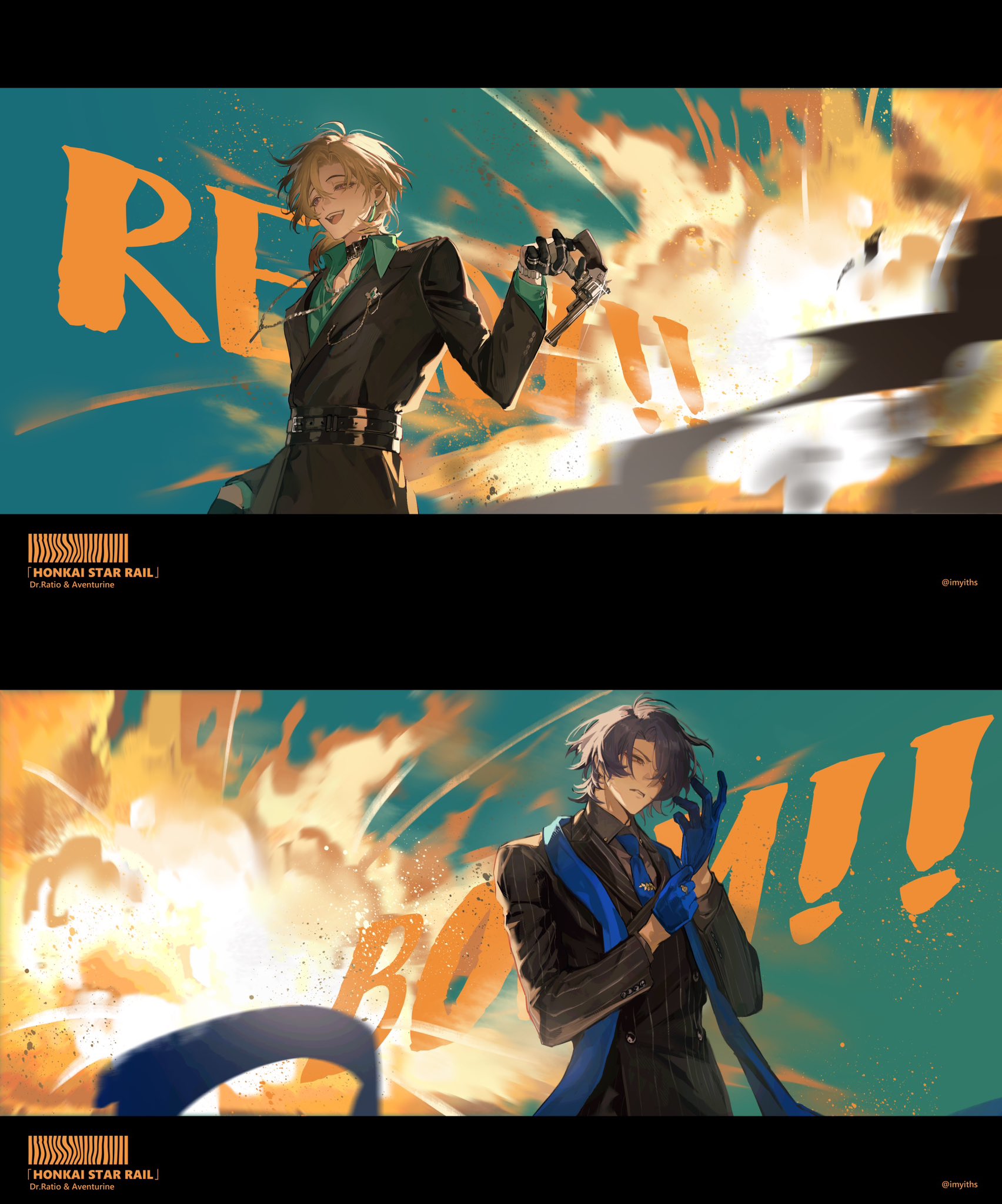 the image is a vibrant digital fanart depicting two characters from the game honkai: star rail.  the top half features dan heng in an action pose, with a fiery explosion behind him and the word "rem" stylized in graffitilike lettering.  the bottom half shows blade, also in a dynamic pose, amidst a similar explosion and with the word "boom!!" prominently displayed. both characters are dressed in sharp, stylish suits; dan heng in dark with teal accents, and blade in dark with a striking blue scarf. the style is clearly animeinfluenced with dynamic linework and bold color choices.  each panel includes the honkai star rail logo. the overall feel is actionpacked and dramatic, emphasizing the power and personality of the characters.