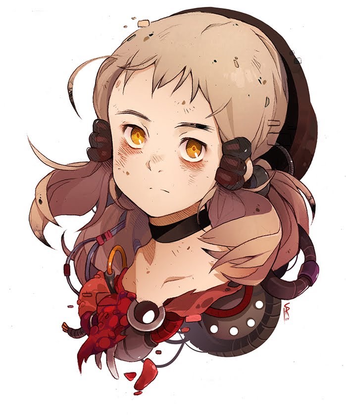 this is a closeup illustration of a young girl with a cyberpunk aesthetic. she has a heartshaped robotic device attached to her chest.
