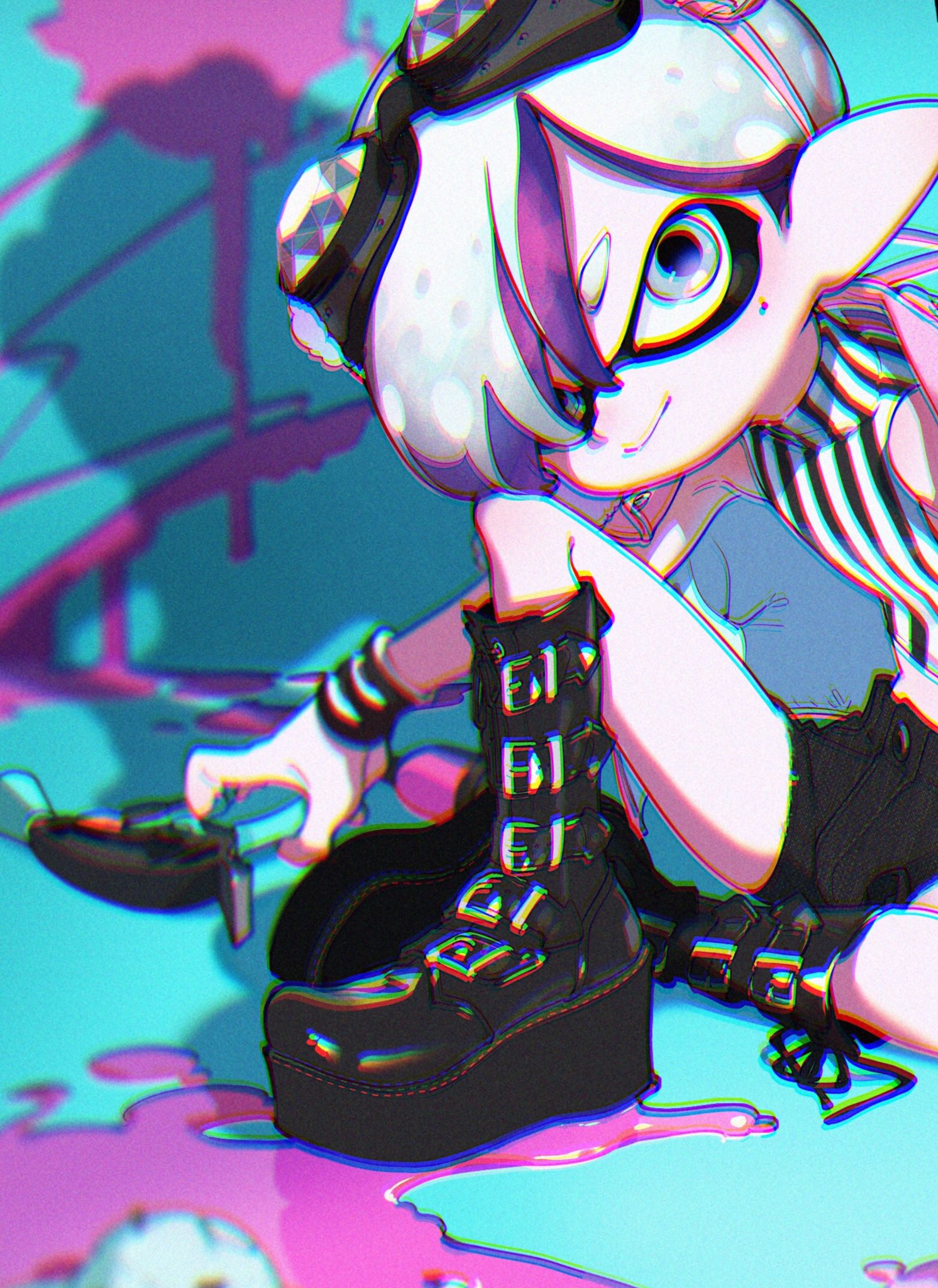 a cartoon inkling girl from the splatoon series sits on the ground, surrounded by splattered pink and blue ink. she wears black platform boots, black shorts, a blue top, a striped arm warmer, and goggles on her head. her white hair is tipped with pink and she has one blue eye visible. she smiles slightly at the viewer while holding a splatana (a paintbrushlike weapon) in her right hand. the image is brightly lit and uses a vibrant color palette. the low camera angle emphasizes her confident pose.