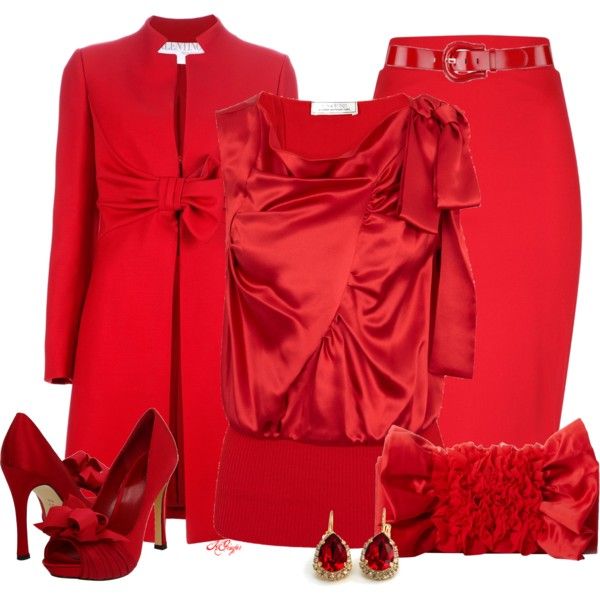 the image shows a collection of red clothing items and accessories. there is a red coat with a bow, a red satin top with a bow, a red pencil skirt with a red belt, red high heels, red earrings, and a red purse with a bow. the items are arranged to showcase a complete outfit.