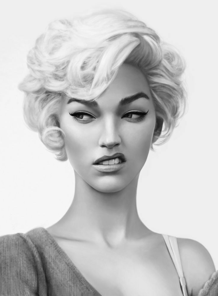 a black and white closeup portrait of a woman with a classic blonde, curled hairstyle reminiscent of the 1950s or 1960s.  she's wearing a simple sweater and has a slightly skeptical or smirking expression on her face. the image is elegantly styled, with a focus on the woman's features and hair. the background is plain and uncluttered, drawing all attention to the model.