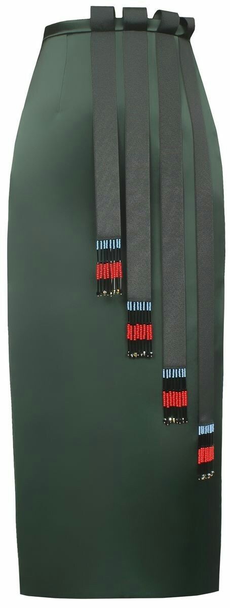 a satin midi skirt, likely for women, in dark green with four wide vertical black ribbons that are attached at the waist, and a series of red and blue colored beads attached to the ends of each ribbon.