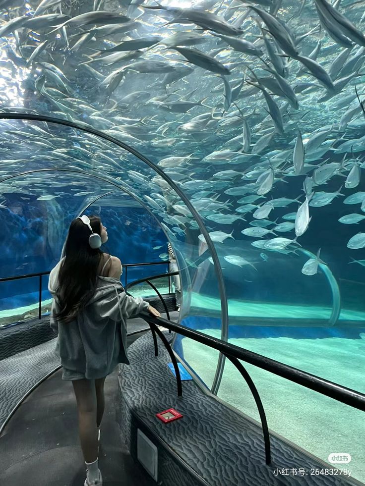 a young woman with long dark hair and headphones around her neck stands in an underwater tunnel at an aquarium.  she is looking up at a large school of fish swimming all around her. the tunnel is made of clear glass, allowing for an unobstructed view of the aquatic life. the water is clear and blue, and the fish are various shades of silveryblue. the railing of the tunnel and a small part of the walkway are visible.  a small red object is placed on the wall of the walkway.