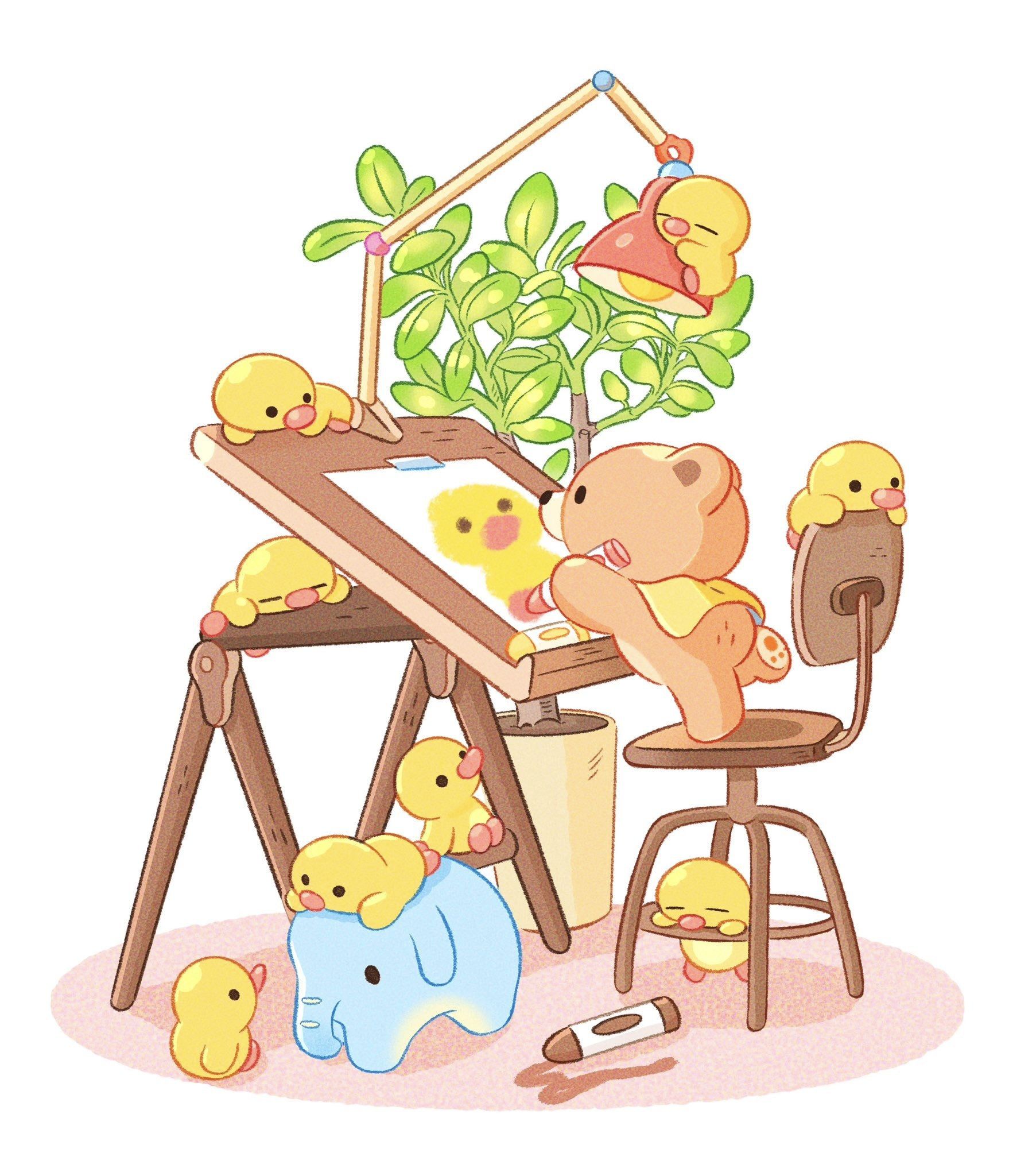 the illustration depicts a charming scene of a brown teddy bear sitting on a small wooden chair at an easel, seemingly drawing or painting.  surrounding the bear are several adorable yellow ducklings, some sleeping on the easel, others near the chair, and one perched on top of a light blue elephant plushie. the easel is set up in a small room with a potted plant and a desk lamp. the overall style is cute, whimsical, and uses soft pastel colors.  a crayon is on the floor. the image evokes a feeling of warmth and gentleness.